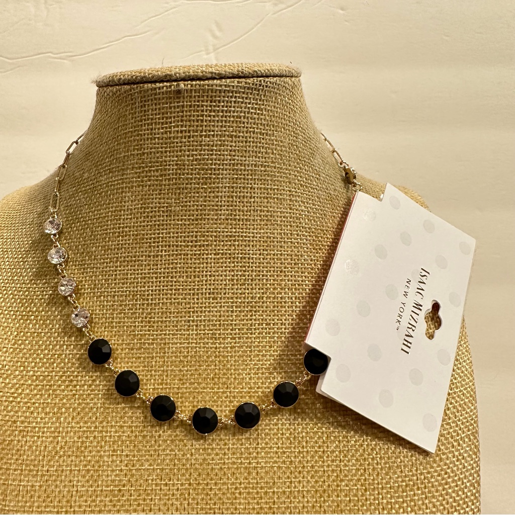 Nwt Isaac Mizrahi Necklace Gold Tone Paperclip Chain W Black Clear Crystals 25$
